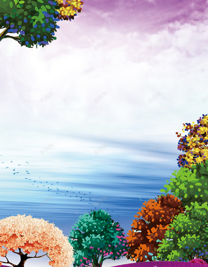 地产手绘宣传海报背景素材psd设计背景_88icon https://88icon.com 房地产宣传海报 多彩插画 唯美 飞鸟 鹿 房地产预约 树木 大自然 花园洋房 如意城 赢取百万 购房