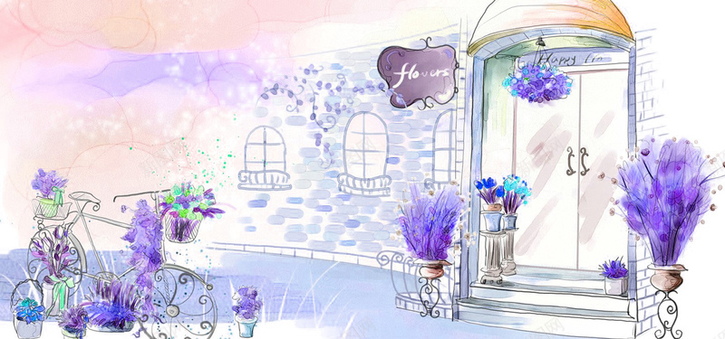 唯美花店手绘插画背景jpg设计背景_88icon https://88icon.com 唯美 花店 手绘 插画 自行车 海报banner 卡通 童趣