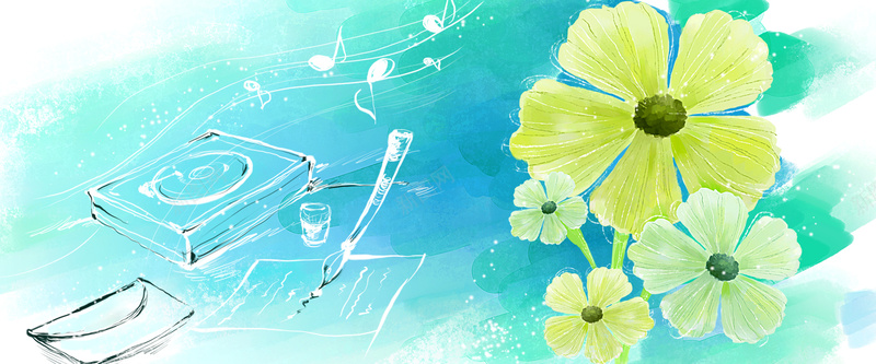 手绘花卉图片bannerpsd设计背景_88icon https://88icon.com 海报banner 清新背景 花朵 蓝色 音符 卡通 童趣 手绘