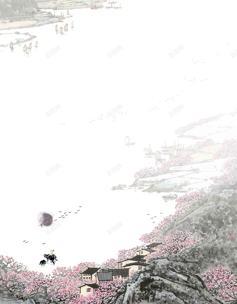 唯美水墨风乡村旅游海报背景psdpsd设计背景_88icon https://88icon.com 唯美 水墨风 乡村 旅游海报 海报背景 psd 桃花林 牧童 大雁 水乡
