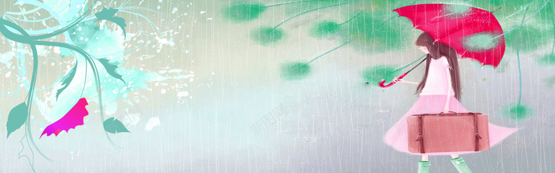 清新唯美手绘bannerjpg设计背景_88icon https://88icon.com 人物 清新 绿色 花卉 雨伞 海报banner 卡通 童趣 手绘