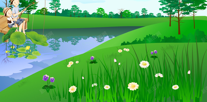 卡通手绘父亲节H5分层背景psd设计背景_88icon https://88icon.com 父亲节 卡通 手绘 草地 水 河流 H5 分层背景 花朵