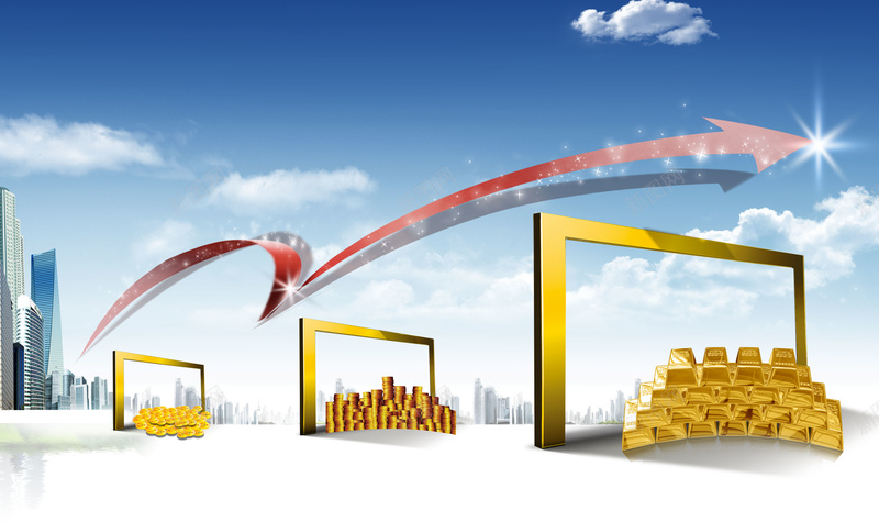 金融升级跳背景素材jpg设计背景_88icon https://88icon.com 蓝天白云 城市 金砖 铜钱 银子 金融升级 跳栏 光晕 金币 箭头 背景