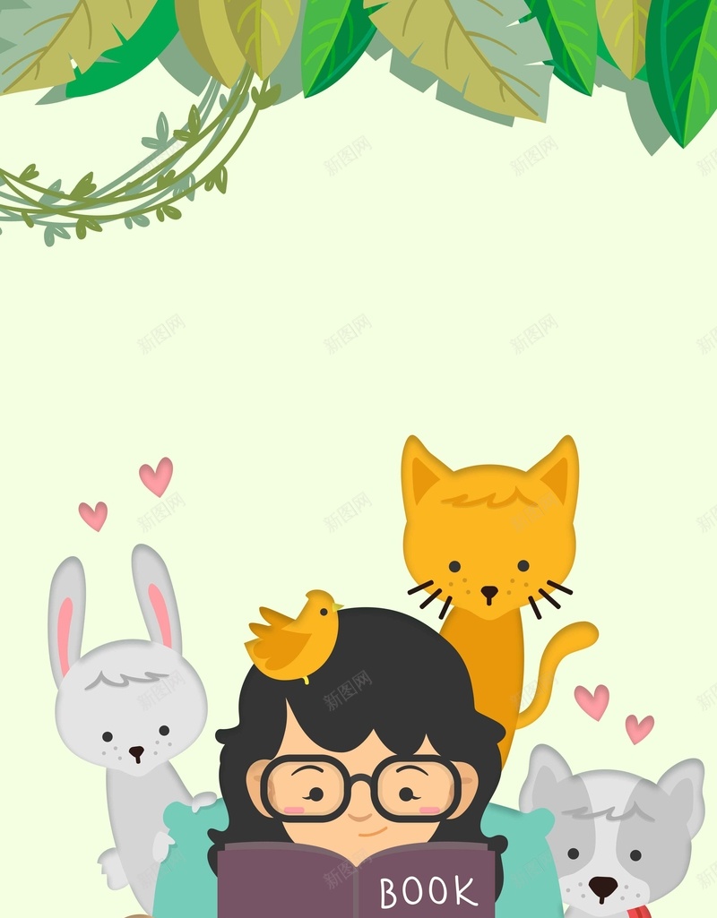 卡通人物动物看书的女孩简约扁平绿色背景psd设计背景_88icon https://88icon.com 看书的女孩 人物 动物 卡通 简约 扁平 兔子 绿色背景