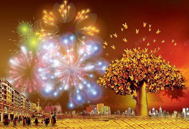 时尚大气酷炫烟花雨摇钱树商务背景素材psd设计背景_88icon https://88icon.com 大气背景 时尚背景 大气 时尚 酷炫 酷炫背景 烟花 摇钱树 符号 金币 建筑 商务 商业 商机