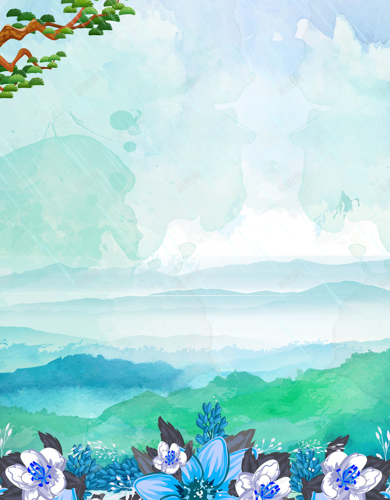 清明节气下雨素材psd设计背景_88icon https://88icon.com 清明节 下雨 水墨 节气 花朵 蓝绿色 清明 下雨素材 素材 松树