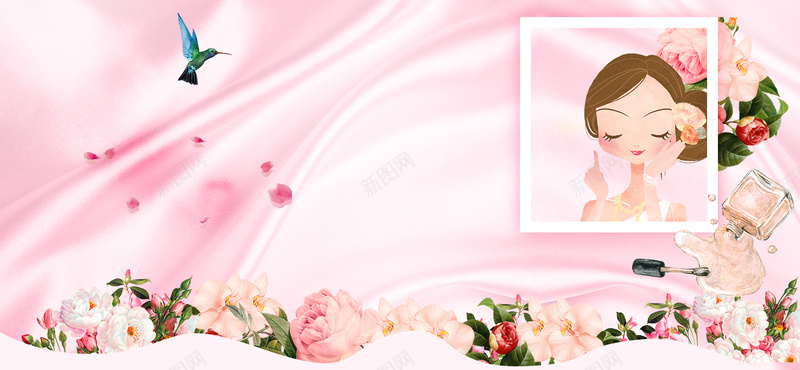美妆节丝绸文艺浪漫相片粉bannerpsd设计背景_88icon https://88icon.com 化妆品 美妆节 化妆 文艺 美妆 小清新 简约 素材 广告 设计 背景 女生 花朵 相片 燕子