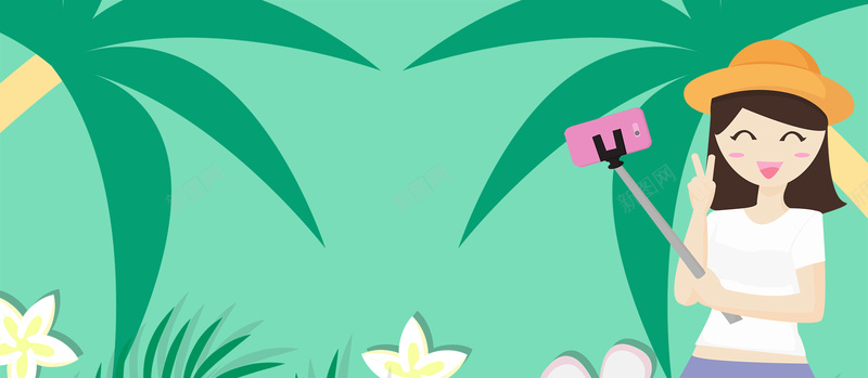 暑假清新夏令营旅行自拍卡通绿色背景psd设计背景_88icon https://88icon.com 扁平 简约 椰子树 暑假 小清新 夏令营 旅行自拍 卡通人物 绿色背景