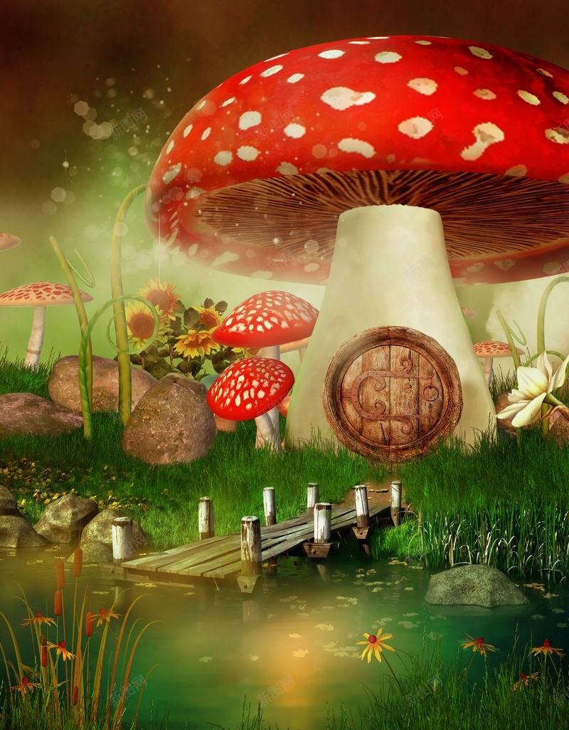 孩子蘑菇屋背景jpg设计背景_88icon https://88icon.com 蘑菇屋 写实 小桥 绿草 花朵 卡通 童趣 手绘