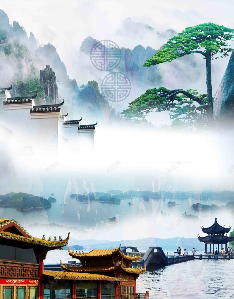黄千杭旅游海报背景模板psd设计背景_88icon https://88icon.com 中国风 古典 旅游 海报 背景 徽派建筑 旅行社 活动 宣传 展板