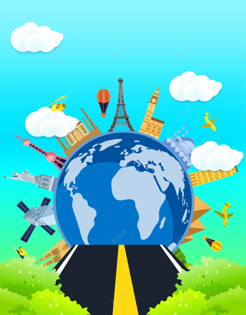 蓝色扁平创意地球道路白云草地风景背景素材psd设计背景_88icon https://88icon.com 创意 地球 扁平 蓝色 道路 白云 草地 风景 背景 素材