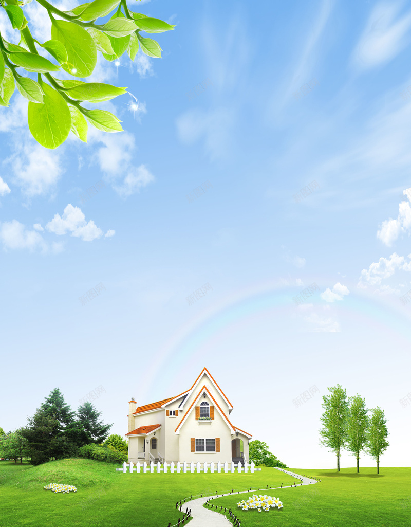 建筑草地背景素材jpg设计背景_88icon https://88icon.com 小路 草地 道路 别墅 建筑 蓝天 白云 绿树 背景 海报