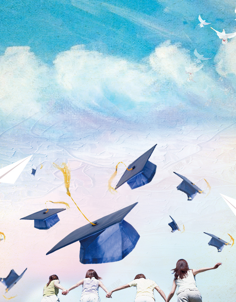 一起奔跑的人主题背景psd设计背景_88icon https://88icon.com 博士帽 奔跑 清新 白云 蓝天 简约 我们毕业了 毕业季