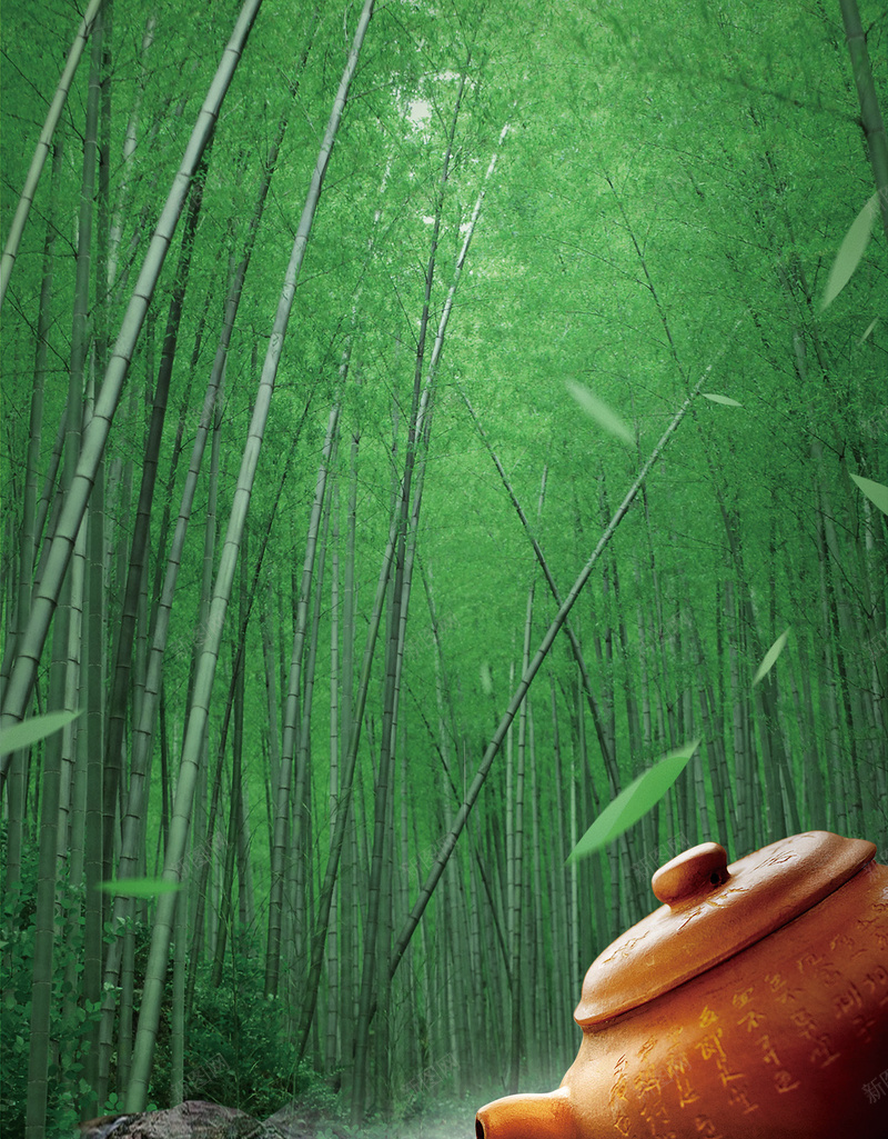 绿色幽幽竹林茶韵飘香H5背景psd设计背景_88icon https://88icon.com 流水 瀑布 竹林 绿色 茶韵 H5背景 茶壶 茶叶