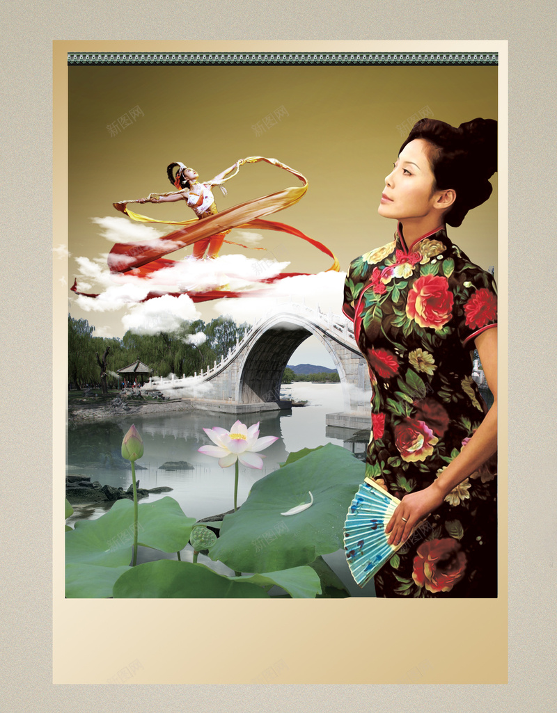 古典旗袍美女背景素材psd设计背景_88icon https://88icon.com 背景海报 中国风 古典 旗袍 荷花