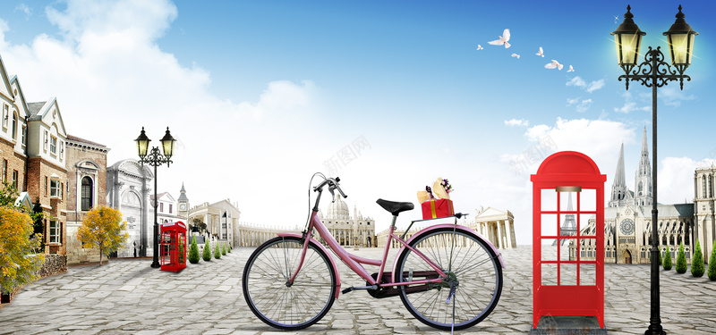 蓝天白云路灯自行车城市海报bannerpsd设计背景_88icon https://88icon.com 海报banner 蓝天白云 自行车 城市 路灯 文艺 小清新 简约