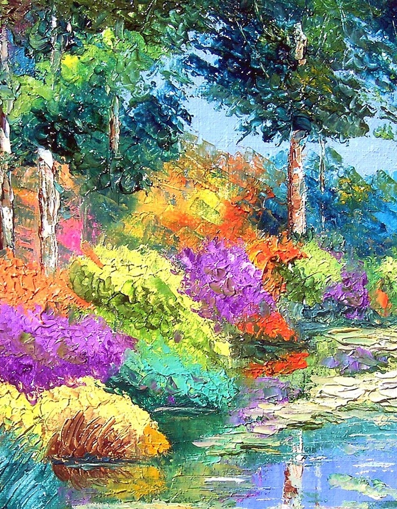 法国田园风油画手机H5背景jpg设计背景_88icon https://88icon.com 天空 树木 小溪 草丛 油画 H5 h5 摄影 风景
