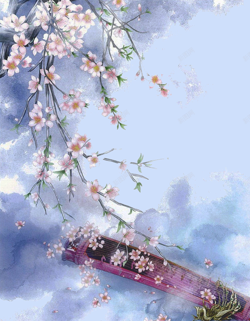 古风梅花乐器H5背景jpg设计背景_88icon https://88icon.com 蓝色 乐器 古风 梅花 文艺 H5背景 简约 云雾