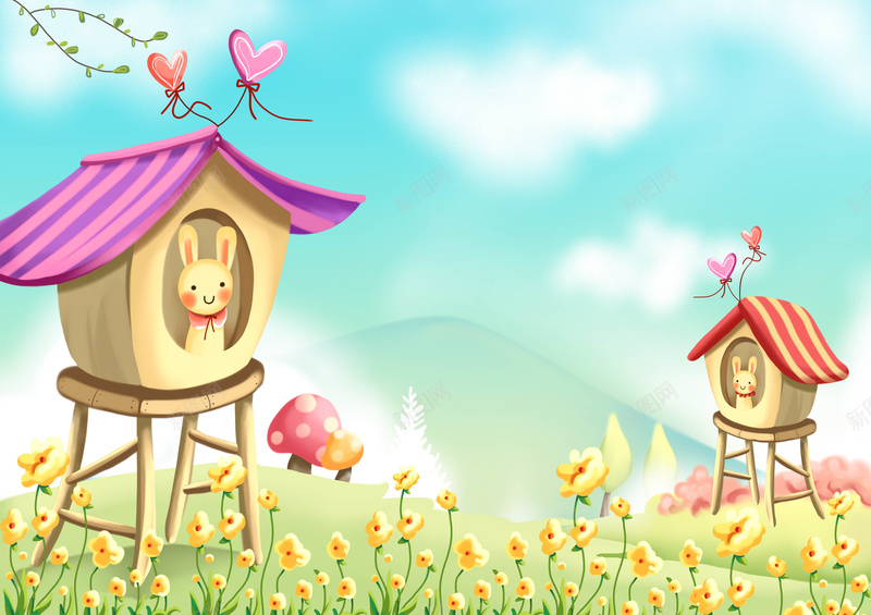 手绘幼儿园插画兔子小房子蓝天花psd设计背景_88icon https://88icon.com 小房子 幼儿园 兔子 手绘 插画 蓝天 花田 背景