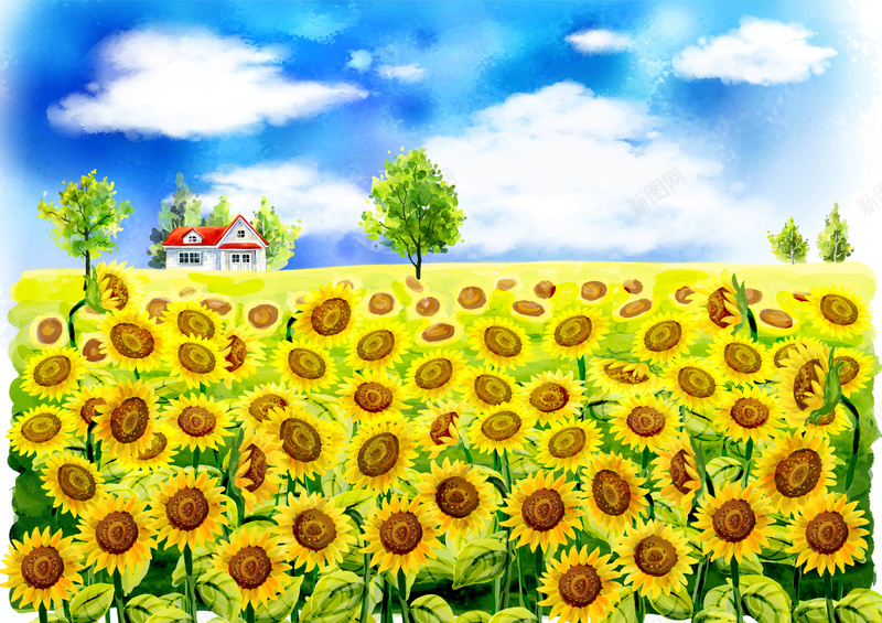 手绘幼儿园插画向日葵花海蓝天psd设计背景_88icon https://88icon.com 向日葵 幼儿园 手绘 插画 花海 蓝天 白云