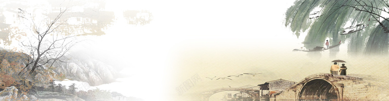复古风海报banner背景jpg设计背景_88icon https://88icon.com 白色背景 古风 天猫 远山 人 淘宝 树 水 云雾 悠远 温暖