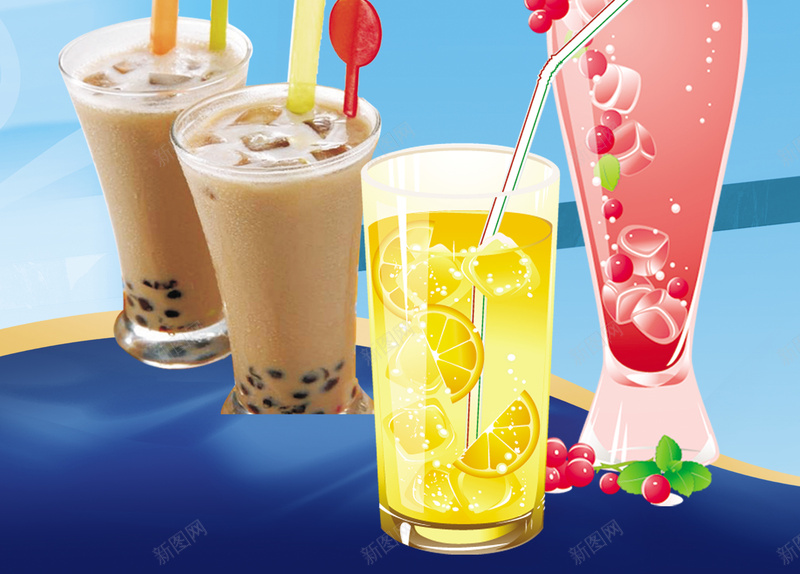 夏日冷饮店宣传海报背景素材psd设计背景_88icon https://88icon.com 冰块 卡通 奶茶 果汁 椰树 夏日冷饮店宣传海报图片下载 饮品 清爽夏日 蓝色