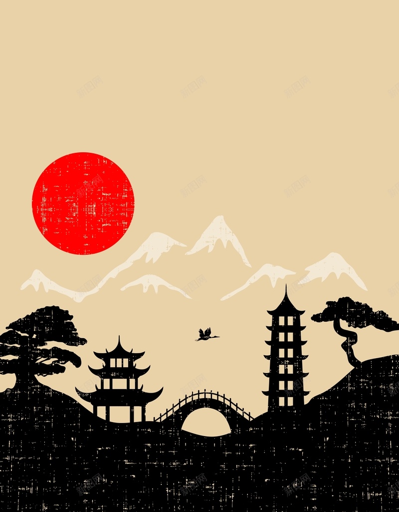 矢量日式水墨中国风复古山水背景jpg设计背景_88icon https://88icon.com 矢量 日式 水墨 中国风 复古 山水 黄色 红日 亭台楼阁 远山 背景