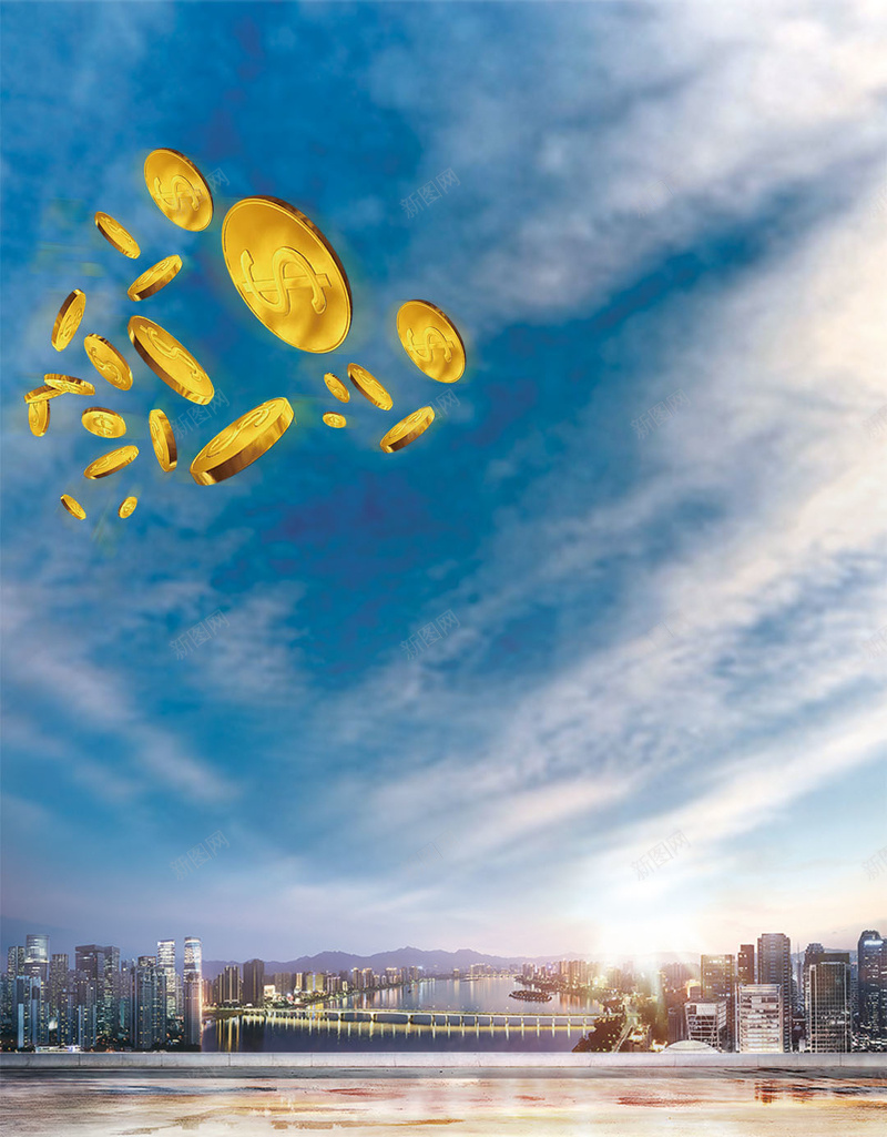 商务金融理财钱币H5背景jpg设计背景_88icon https://88icon.com 商务 理财 蓝天 金融 钱币 白云 大海 高楼 商务背景 人才
