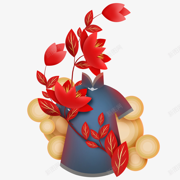 中国风手绘插画红色枫叶蓝色旗袍png免抠素材_88icon https://88icon.com 中国风 手绘 插画 红色 枫叶 蓝色 旗袍