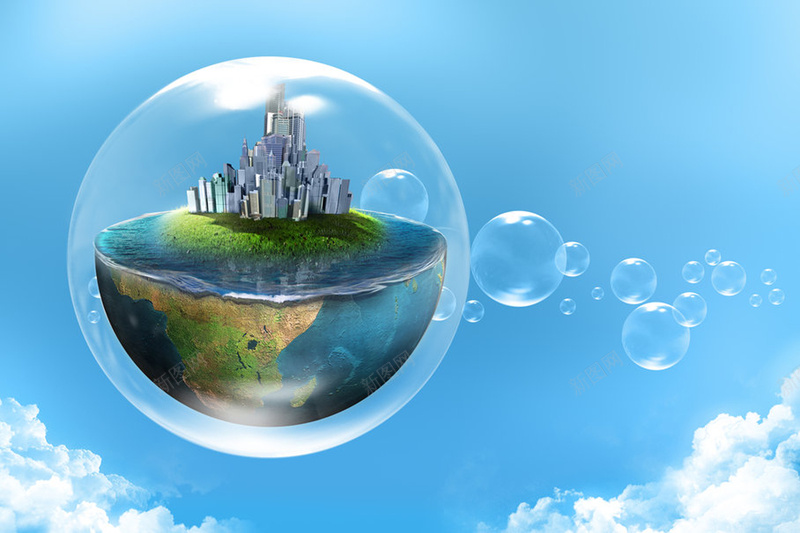 创意保护地球蓝色背景jpg设计背景_88icon https://88icon.com 云海 创意 半水 地球 城市 环保 保护 公益