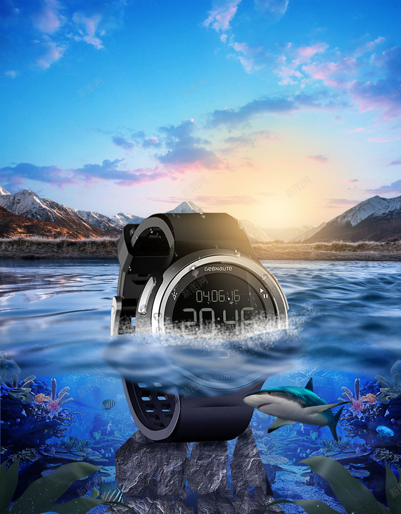 蓝色大气海洋男士手表广告背景jpg设计背景_88icon https://88icon.com 蓝色 大气 海洋 男士手表 广告背景 深海 海底 鱼群 蓝天 天空 落日 手表