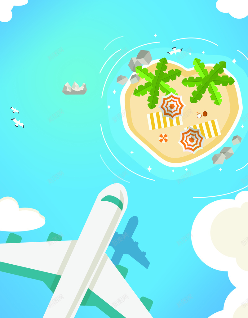 扁平简约海岛旅游宣传海报psd设计背景_88icon https://88icon.com 椰子树 沙滩 海岛 白云 蓝天 海鸥 夏日渡假 海岛旅游 度假 暑期游 旅游宣传海报 旅游广告