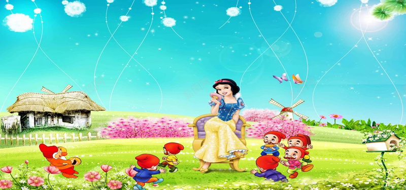卡通手绘画背景jpg设计背景_88icon https://88icon.com 卡通 天空 手绘 花圃 草地 花花草草 白雪 公主 小矮人 草屋 唯美 海报banner 童趣