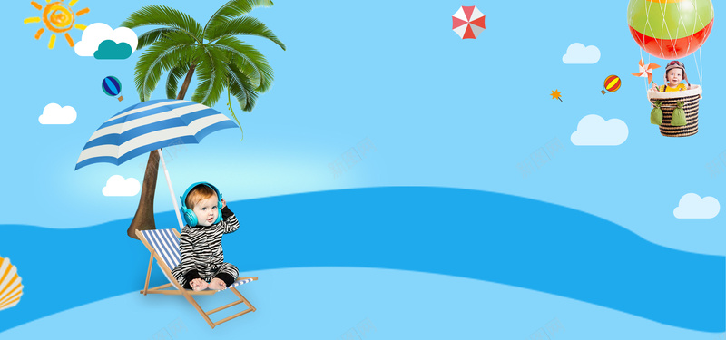 国外小孩海边度假卡通蓝色bannerpsd设计背景_88icon https://88icon.com 海边 椰树 太阳伞 蓝天白云 母婴 国外小孩 可爱 卡通 童趣 文艺 小清新 素材 广告 设计 背景