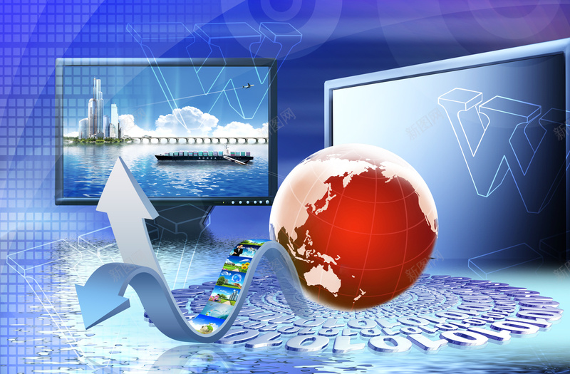 现代科技海报背景素材jpg设计背景_88icon https://88icon.com 创意蓝色海报 上升箭头 液晶电视 红色地球 显示器 箭头 企业业绩 考核 科技感海报 背景