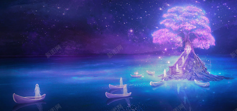 紫色梦幻树jpg设计背景_88icon https://88icon.com 紫色 树 小船 海报banner 卡通 童趣 手绘