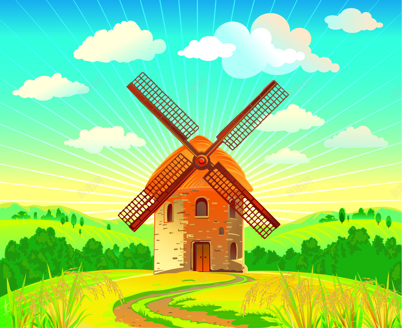 荷兰风车矢量素材eps设计背景_88icon https://88icon.com 荷兰 风车 秋天 自然 稻穗 荷兰风车 田野 矢量风车 素材 田野背景