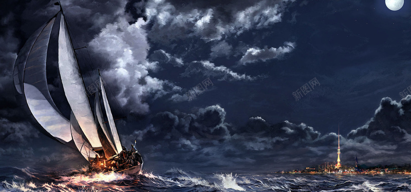 破浪而行jpg设计背景_88icon https://88icon.com 帆船 乌云 海报banner 卡通 童趣 手绘