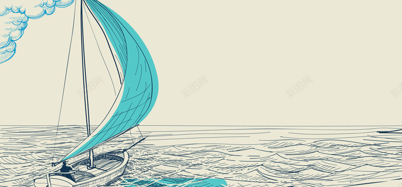 海上帆船背景图jpg设计背景_88icon https://88icon.com 帆船 手绘 文艺 海上 蓝色 海报banner 卡通 童趣