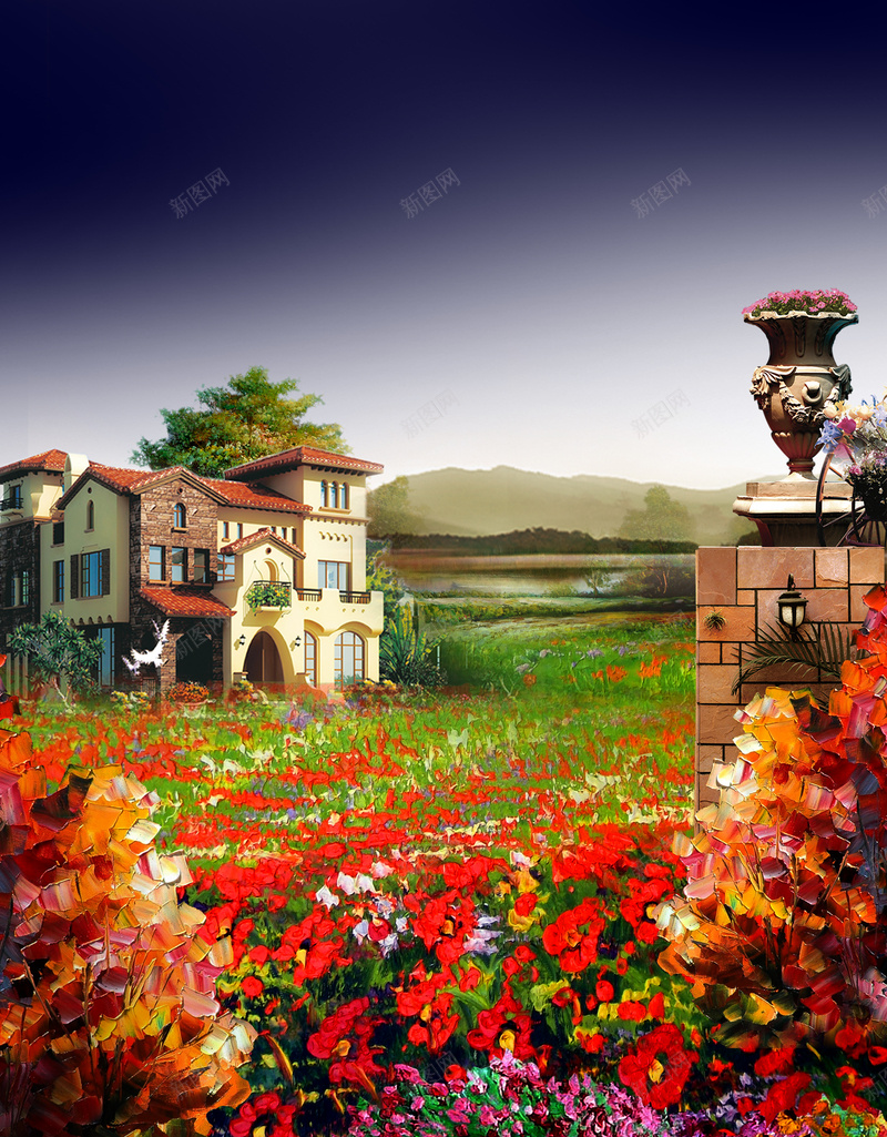 油画风景地产海报背景jpg设计背景_88icon https://88icon.com 油画 风景 地产 别墅 高档 花卉 摄影