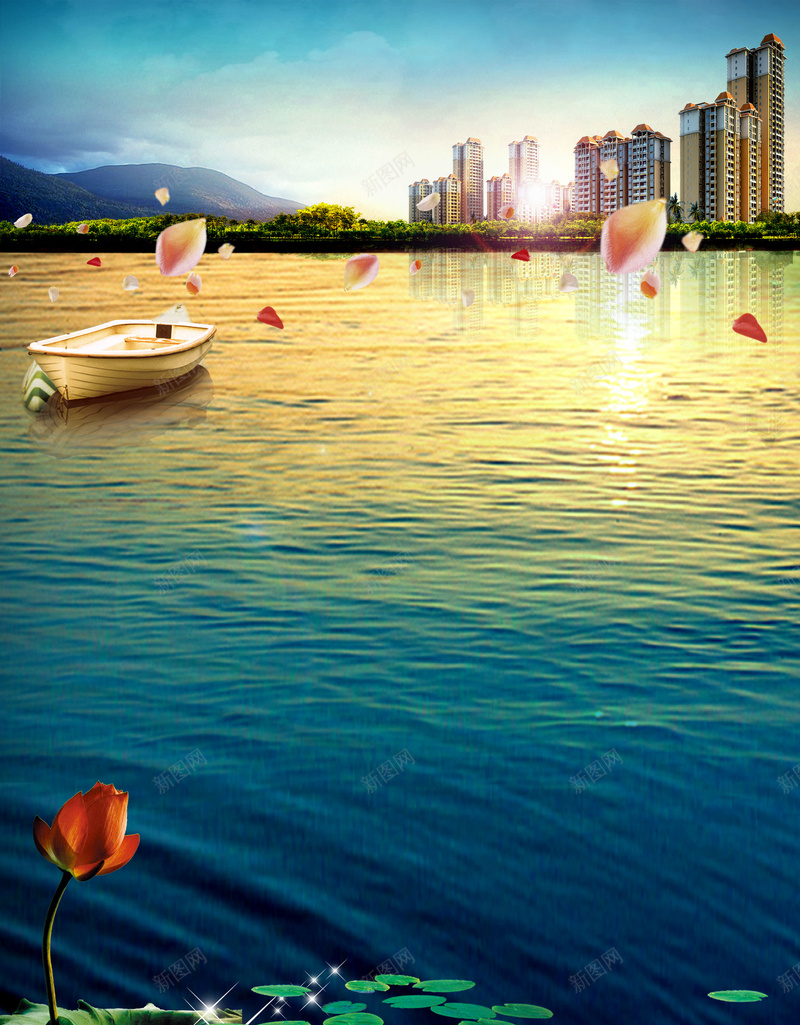 水岸小船地产广告背景jpg设计背景_88icon https://88icon.com 建筑高楼 水岸 湖水 荷叶 莲花 小船 高清地产广告背景