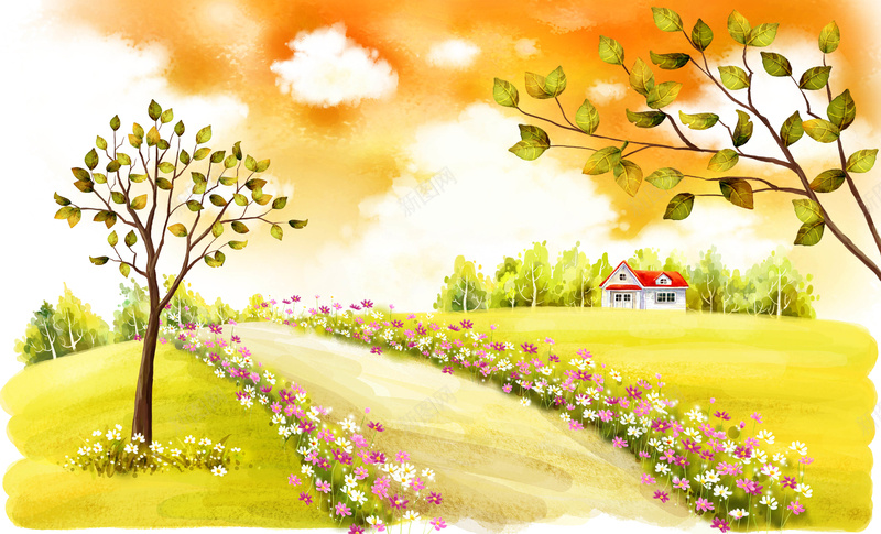 手绘幼儿园插画公园小径红云背景psd设计背景_88icon https://88icon.com 公园 公园绘画 小径 幼儿园 手绘 插画 红云 背景