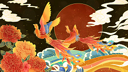 重彩中国风凤凰齐飞插画psd免抠素材_88icon https://88icon.com 凤凰 国潮 插画 精致