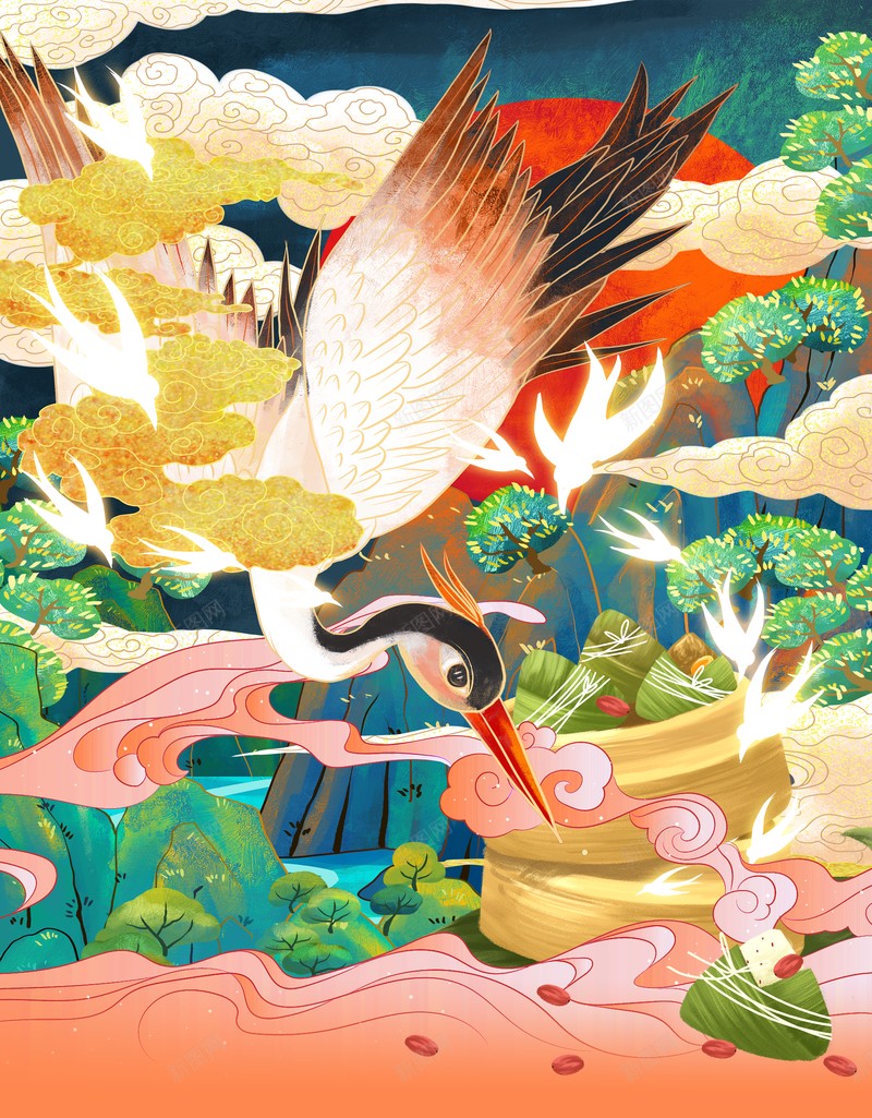 端午节仙鹤祥云粽子树psd设计背景_88icon https://88icon.com 仙鹤 树 祥云 端午节 粽子
