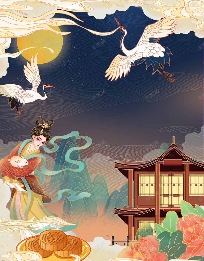 中秋节背景手绘嫦娥仙鹤祥云月亮楼阁月饼psd设计背景_88icon https://88icon.com 中秋节背景 仙鹤 手绘嫦娥 月亮 月饼 楼阁 祥云