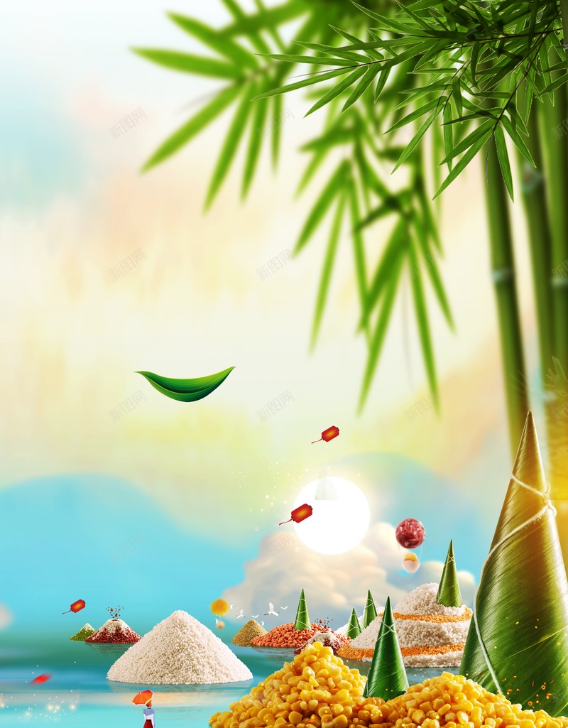 端午节竹叶粽子船手绘人物水面psd设计背景_88icon https://88icon.com 手绘人物 水面 端午节 竹叶 粽子 船