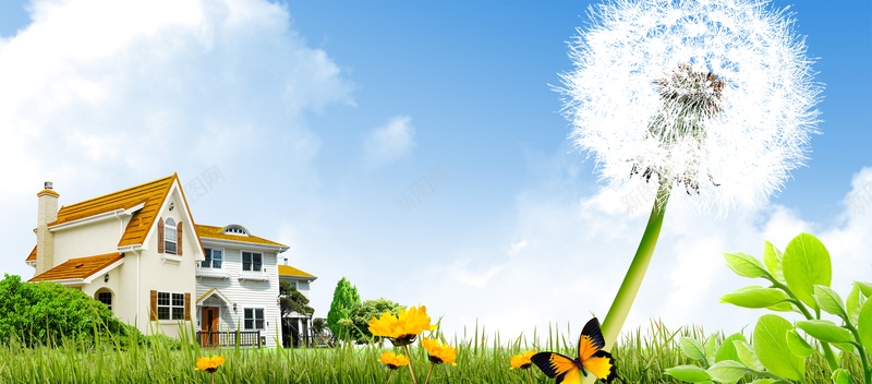 蒲公英别墅psd设计背景_88icon https://88icon.com 别墅 春天 海报banner 清晰 草地 蒲公英 蓝天白云 连排别墅