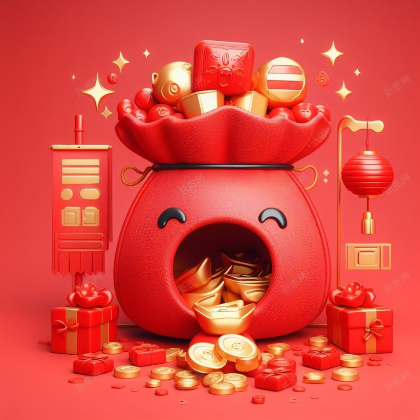 吐金币的新年福袋插图jpg设计背景_88icon https://88icon.com 福袋 新年福袋 新年装饰 元宝 金币
