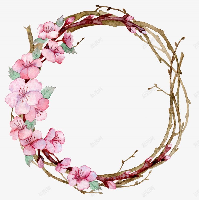 手绘水彩的桃花花枝花环装饰png免抠素材_88icon https://88icon.com   水彩叶子 水彩植物 水彩 自然 桃花  花骨朵 粉红花  盛开 花枝 编制 圆框 边框  嫩叶 手绘 叶子 花卉 花朵 水彩画  精美插画 简笔画 花叶 装饰
