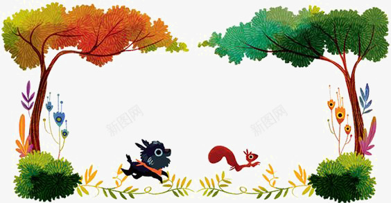 卡通森林png免抠素材_88icon https://88icon.com 丛林 奔跑的小狗 小树 松鼠 林子 树林